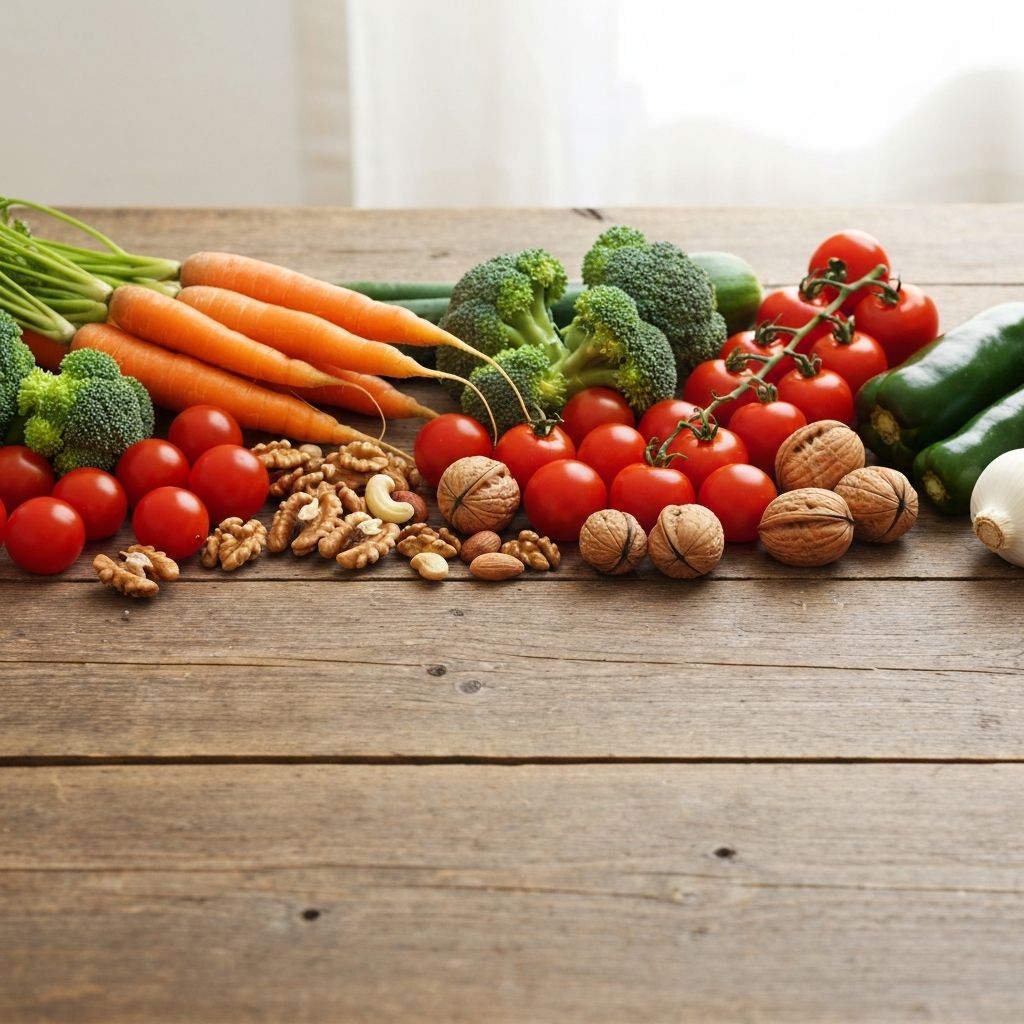 Fresh vegetables and nuts on wooden table