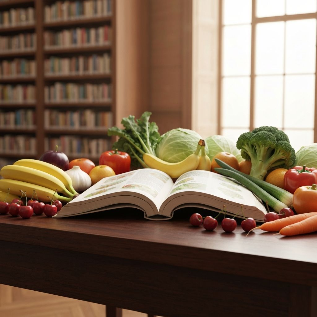 Open book with fresh vegetables and fruits